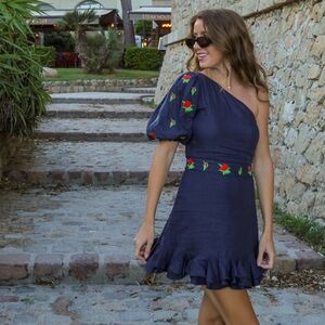 Fanm Mon Navy Flame Linen One Sleeve Ruffle Hem Floral Embroidery Mini Dress NWT